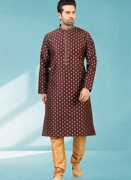 Brown Colour Outluk New Latest Design Jacquard Silk Brocade Party Wear Kurta Pajama Mens Collection 1224-1039